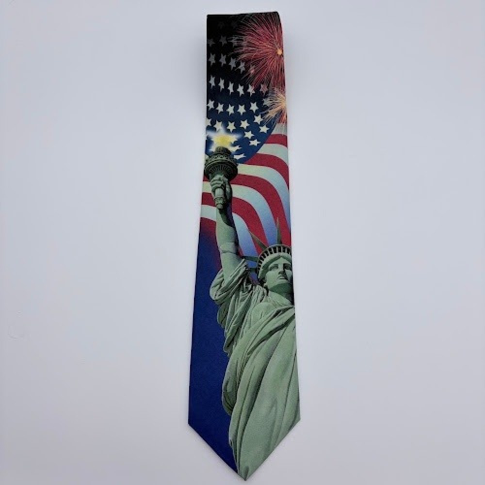 VTG Ralph Marlin Necktie Mens OS Blue Flag Statue of Liberty Fireworks 1999 USA